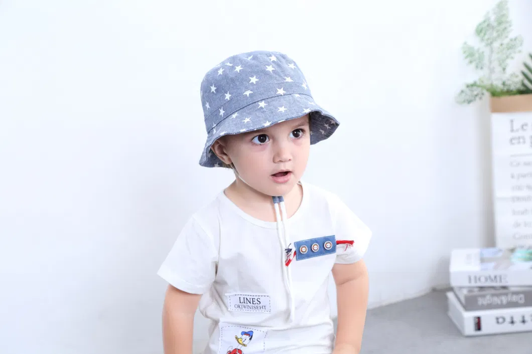 Children&prime;s Fisherman Visor Boy&prime;s Spring Summer Fall Denim Star Printed Sun Protect Large Brim Basin Cowboy Bucket Hat