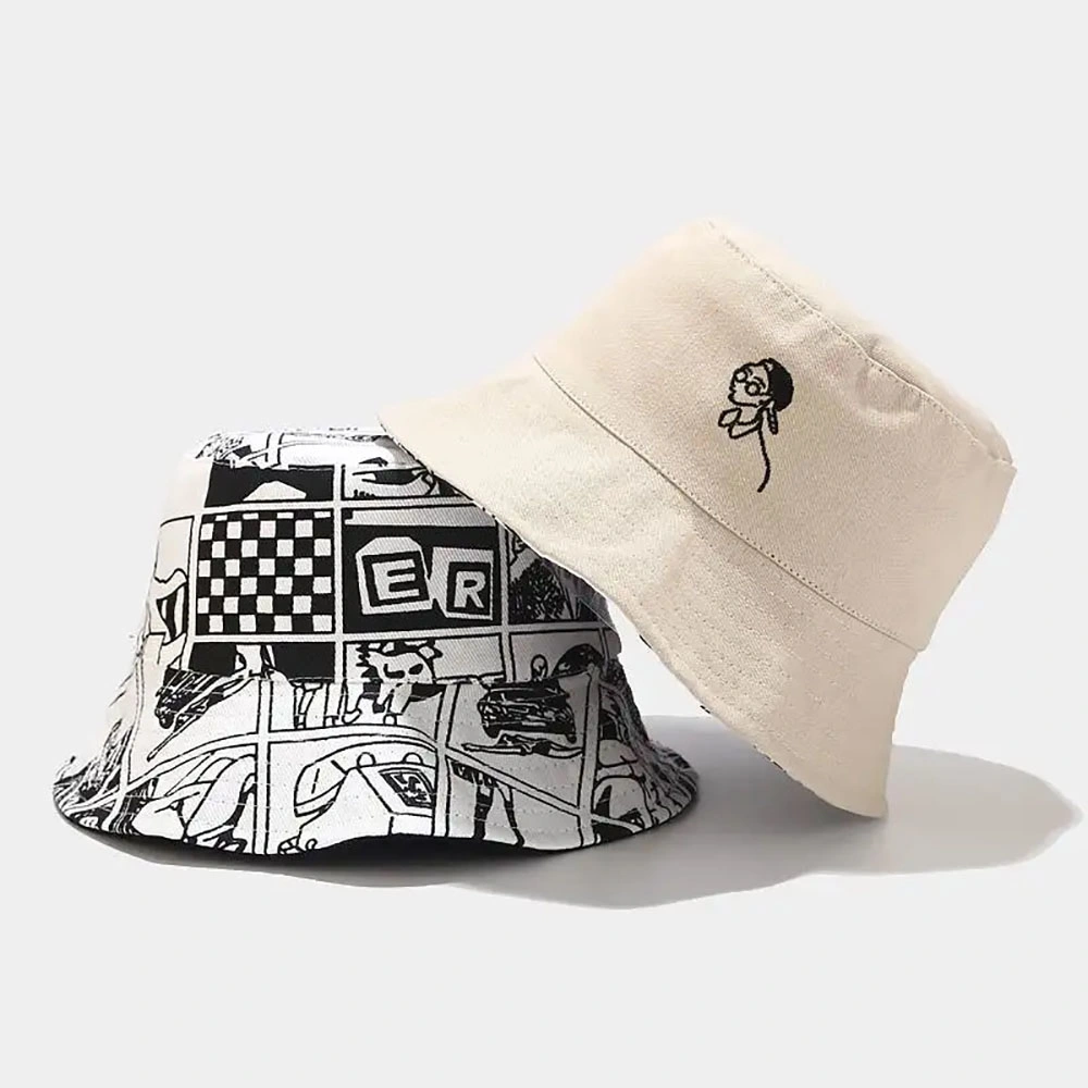 Unisex Print Double Side Wear Reversible 100% Cotton Summer Outdoor Cap Bucket Sun Hat