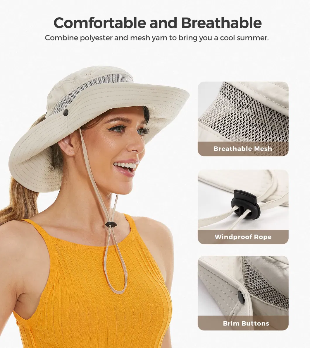 Ponytail Hole Sun UV Protection Upf50+ Waterproof Beach Bucket Sun Hat