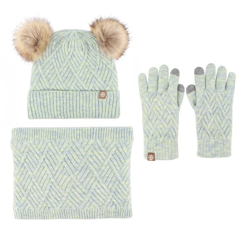 Cute Children&prime;s Winter Wool Warm Knit Hat and Neck Gaiter 3-Piece Set
