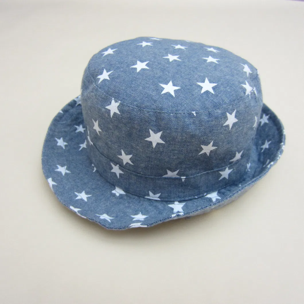 Children&prime;s Fisherman Visor Boy&prime;s Spring Summer Fall Denim Star Printed Sun Protect Large Brim Basin Cowboy Bucket Hat