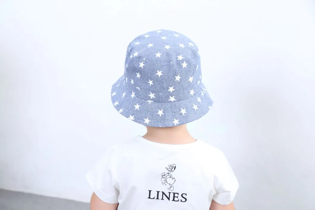 Children&prime;s Fisherman Visor Boy&prime;s Spring Summer Fall Denim Star Printed Sun Protect Large Brim Basin Cowboy Bucket Hat