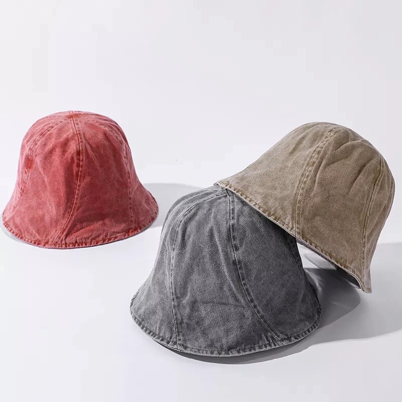 Stone Wash Cotton Denim Distressed Floppy Fisherman Red Bucket Hat