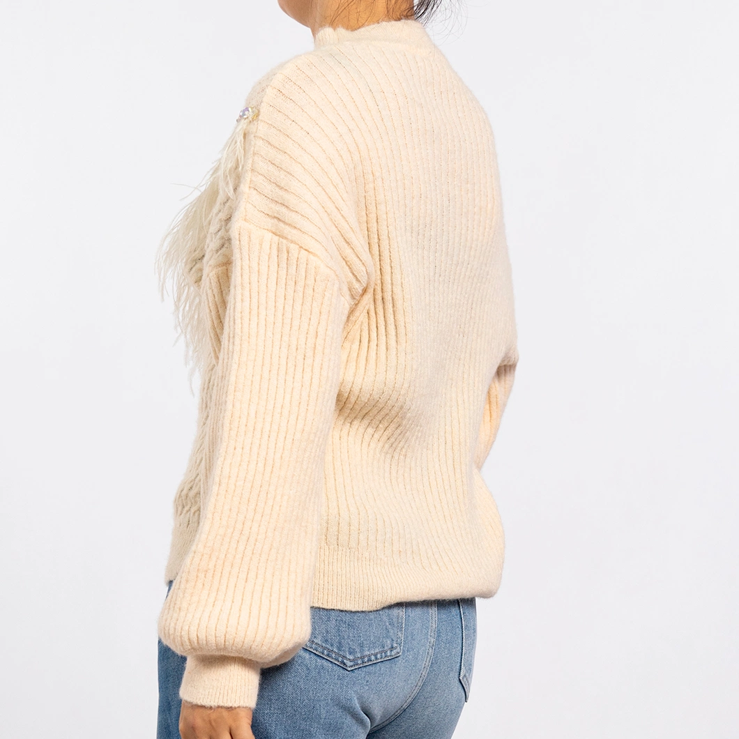 Winter Knitted Round Neck Feather Tassel Woven with Beads Long Sleeve Pullover Womens Sweaters