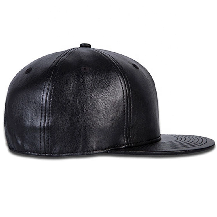 Promotioanal Men Baseball Cap Fashion Hip-Hop Style PU Leather Flatbill Trunker Snapback Cap Black