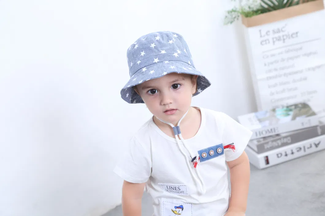 Children&prime;s Fisherman Visor Boy&prime;s Spring Summer Fall Denim Star Printed Sun Protect Large Brim Basin Cowboy Bucket Hat