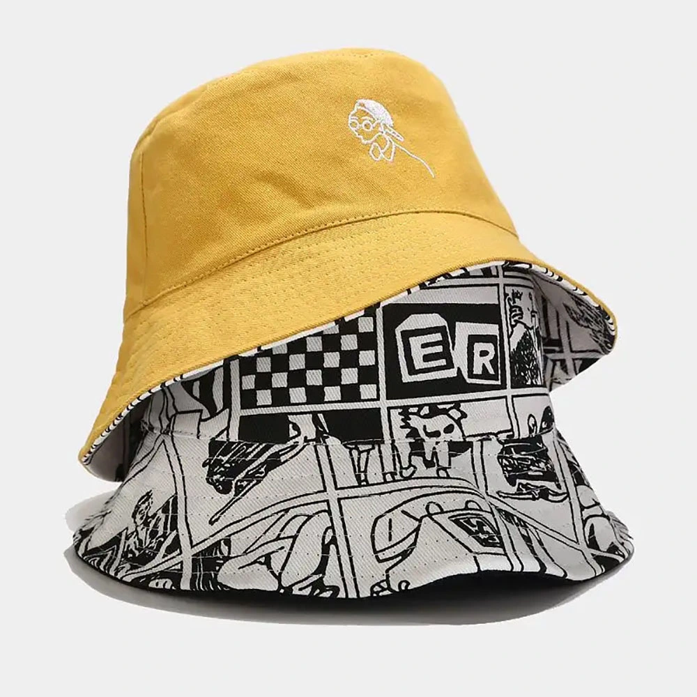 Unisex Print Double Side Wear Reversible 100% Cotton Summer Outdoor Cap Bucket Sun Hat