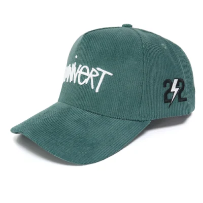 Nuovo design Green Corduroy chiusura a scatto in plastica 5 pannelli Cappellino da baseball personalizzato con logo ricamo