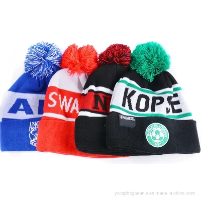 Customr Recycle acrilico Bobble Sport Calcio maglia Pompom Jacquard Cappello da bebania