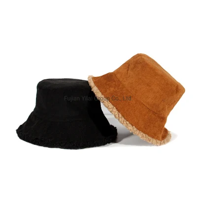 Inverno Donne Trendy Corduroy materiale secchi cappelli pelliccia camoscio secchio Cappelli in pelliccia di diamante con frappé a cappello per donna