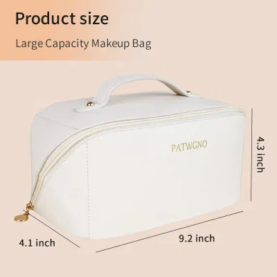 Borsa cosmetica portatile di grande capacità da viaggio, la borsa per trucco portatile si apre piatta per la borsa multifunzionale di conservazione in pelle PU impermeabile per donna