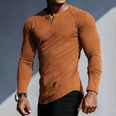 Spedizione gratuita Muscle uomo Slim Henley Camicie Crewneck Longline T Magliette con bottone