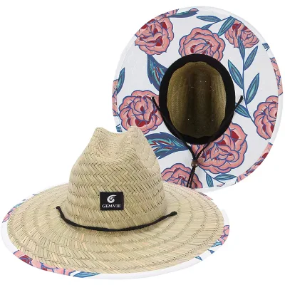 Donna uomo Estate natura paglia Cappelli larghi brim paglia Lifeguard Hat Beach Sun Hat con Stampa sotto il bordo per il giardinaggio Pesca Escursionismo