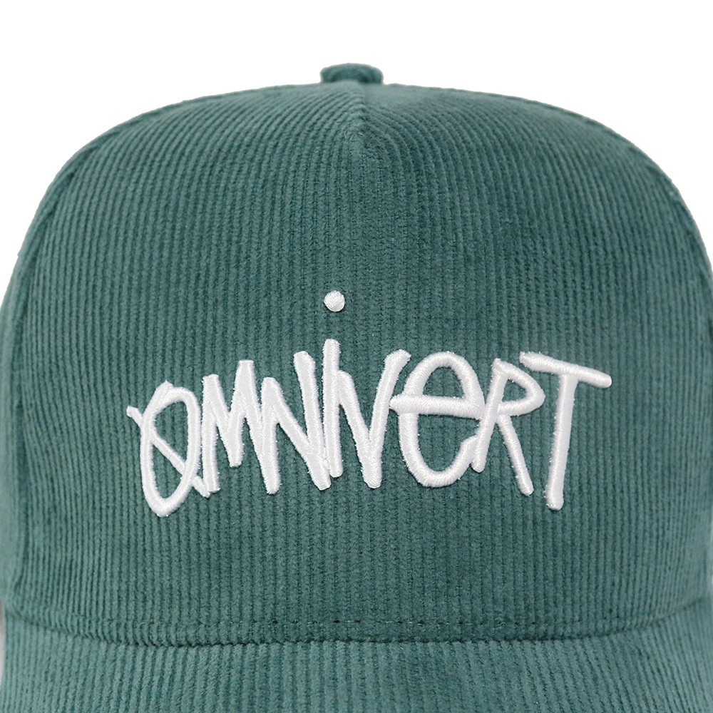 New Design Green Corduroy Snap Back Plastic Closure 5 Panel Custom Baseball Cap with Embroidery Logo