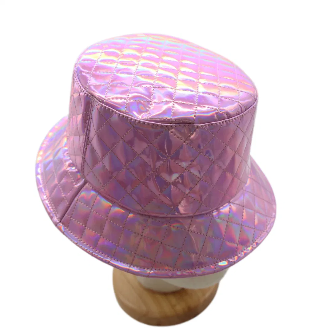 Fashion PU Bucket Hat with Waterproof Leather for Dancing and Sun Protective Shiny Casual Cap for Outdoor for Woman