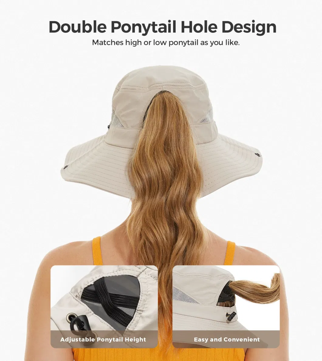 Ponytail Hole Sun UV Protection Upf50+ Waterproof Beach Bucket Sun Hat