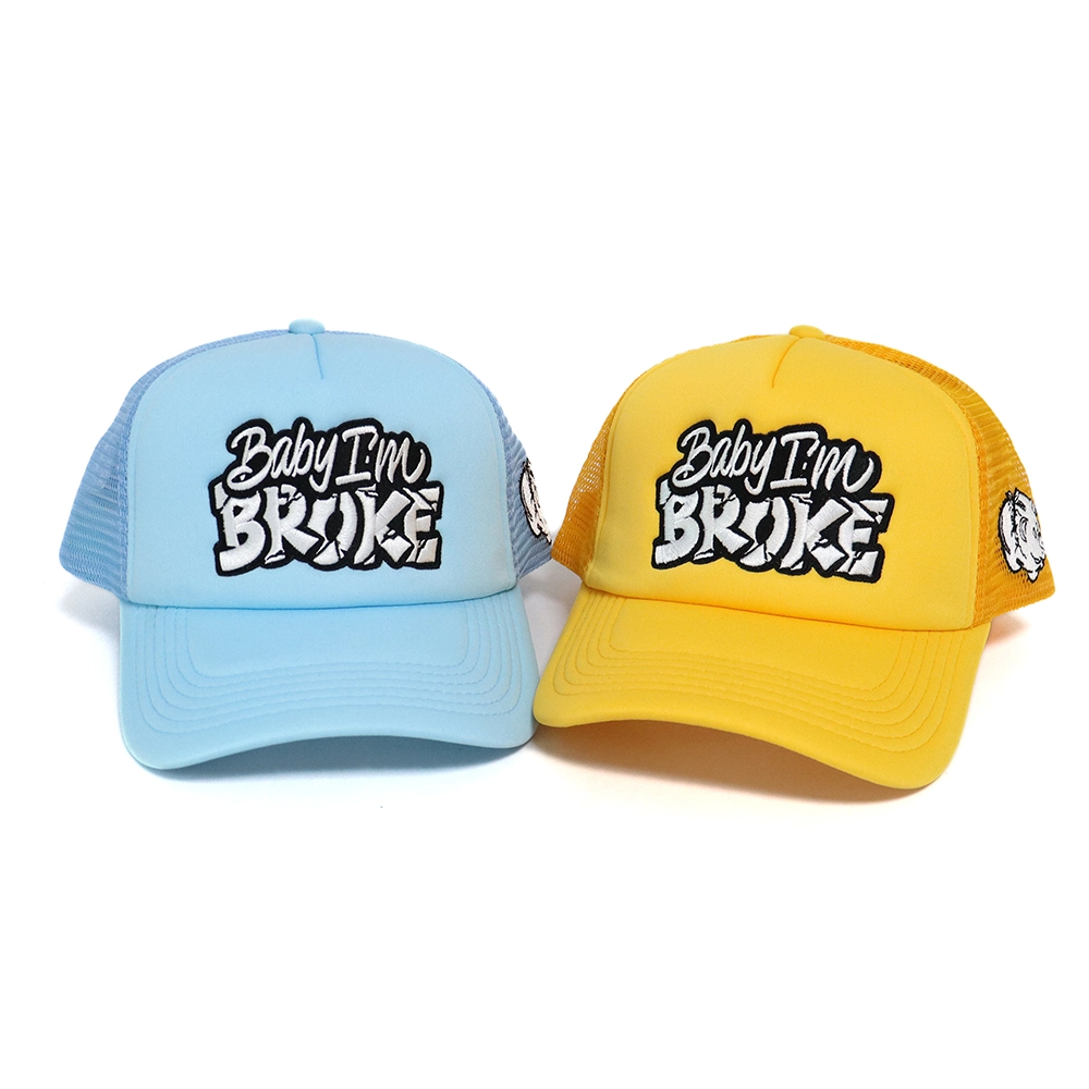 Personalized Breathable 5-Panel Yellow and Blue Foam Trucker Hat Embroidered Custom Logo