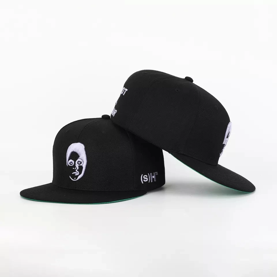 Dephens06 Wholesale Custom Sports Wear 6 Panel Black Acrylic Closed Back Flex Fit Caps Fitted Elastic 3D Embroidery Logo Printed Underbrim Hip Hop Snapback Cap