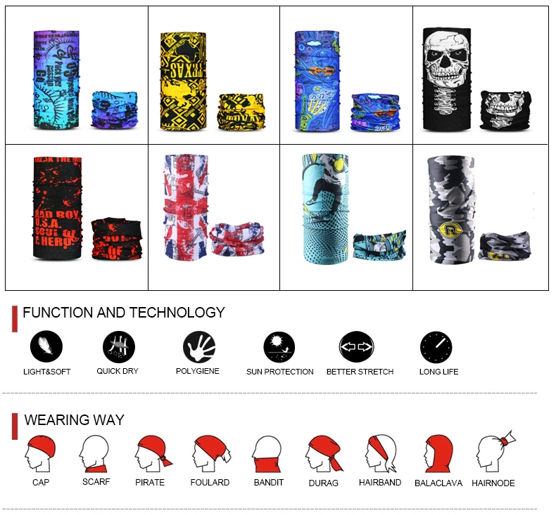 OEM Multifunctional Custom Printed Polyester Seamless Neck Gaiter Tube Bandana