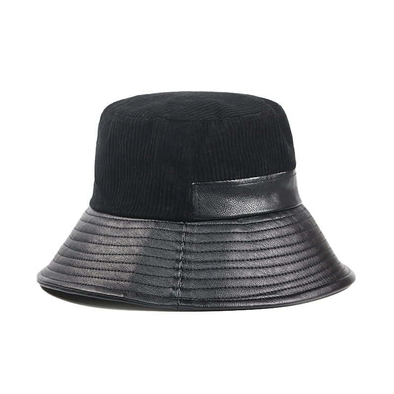 Corduroy PU Leather Stitched Bucket Hat