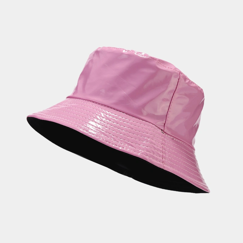 Wholesale Candy Color Waterproof PU Leather Riversible Metallic Fisherman Bucket Hats