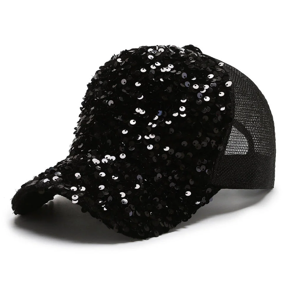 Sequin Fashion Hat Black Bling Snapback Closure Baseball Cap Sequin Cap for Lady