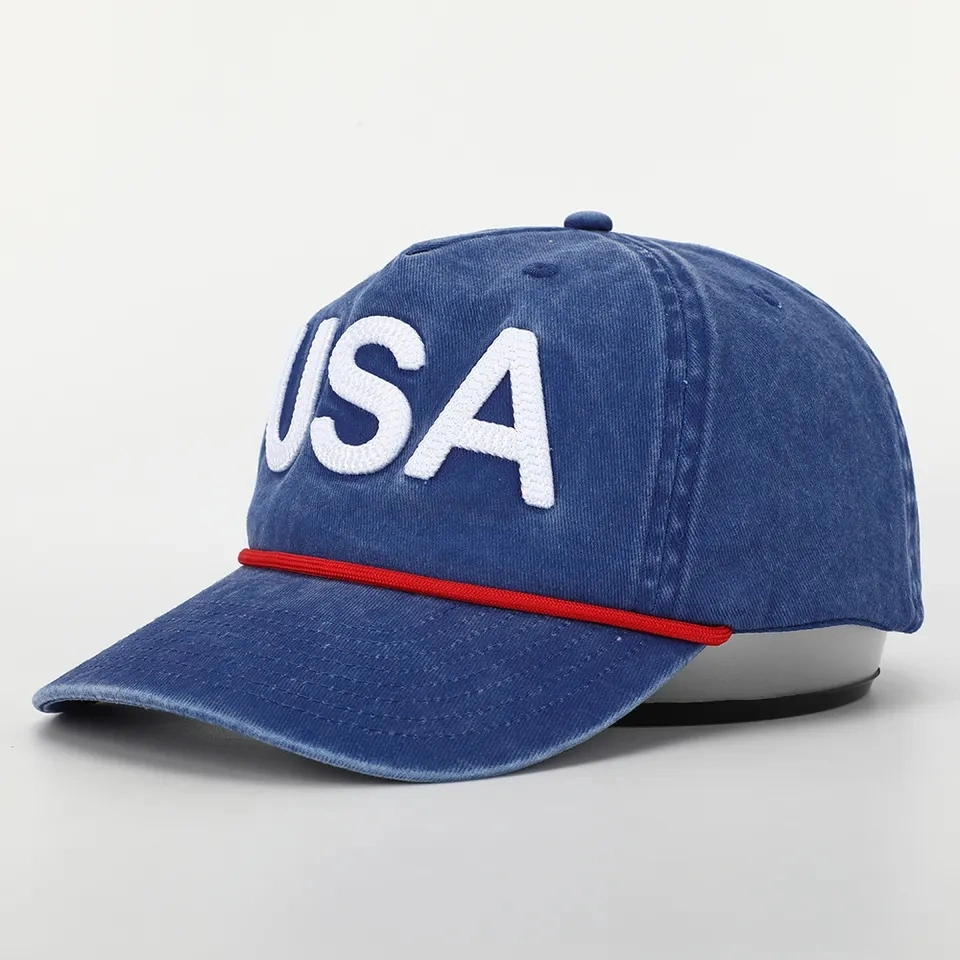 Wholesale Custom 5 Panel Adult Solid Cotton Twill Curved Bill Men Foashion Baseball Cap USA Sports 3D Embroidery Unstructured Washed Distressed Rope Dad Hat