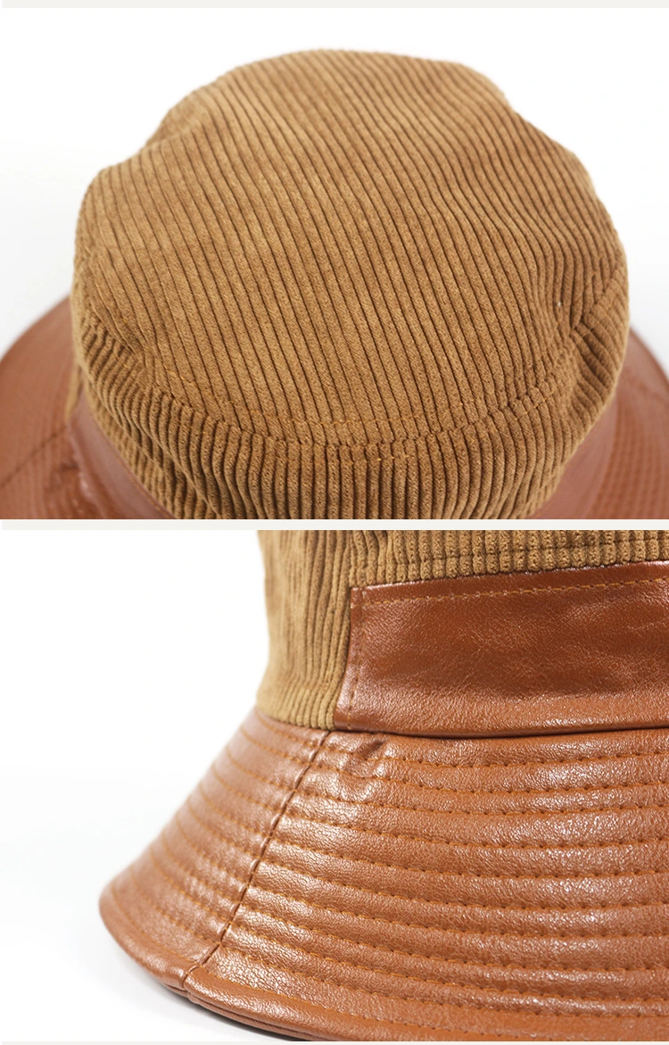 Corduroy PU Leather Stitched Bucket Hat