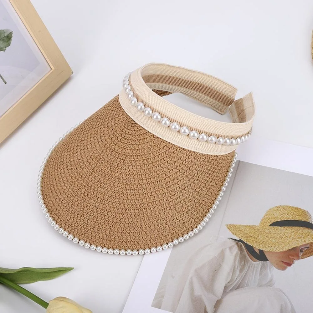 Straw Hat Pearl Empty Top Straw Hats for Women Casual Summer Beach Visor Caps Wide Large Brim Sun Protection Outdoor Wbb20565