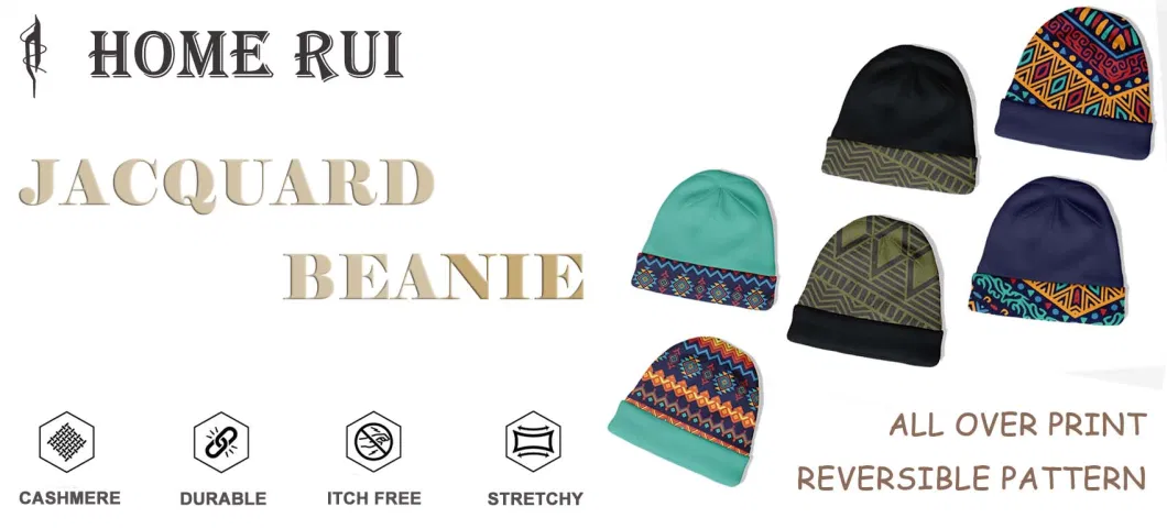 2023 Designer Trendy Cuffless High Quality Knit Custom Jacquard Printed Custom Logo Beanie Hats for Winter