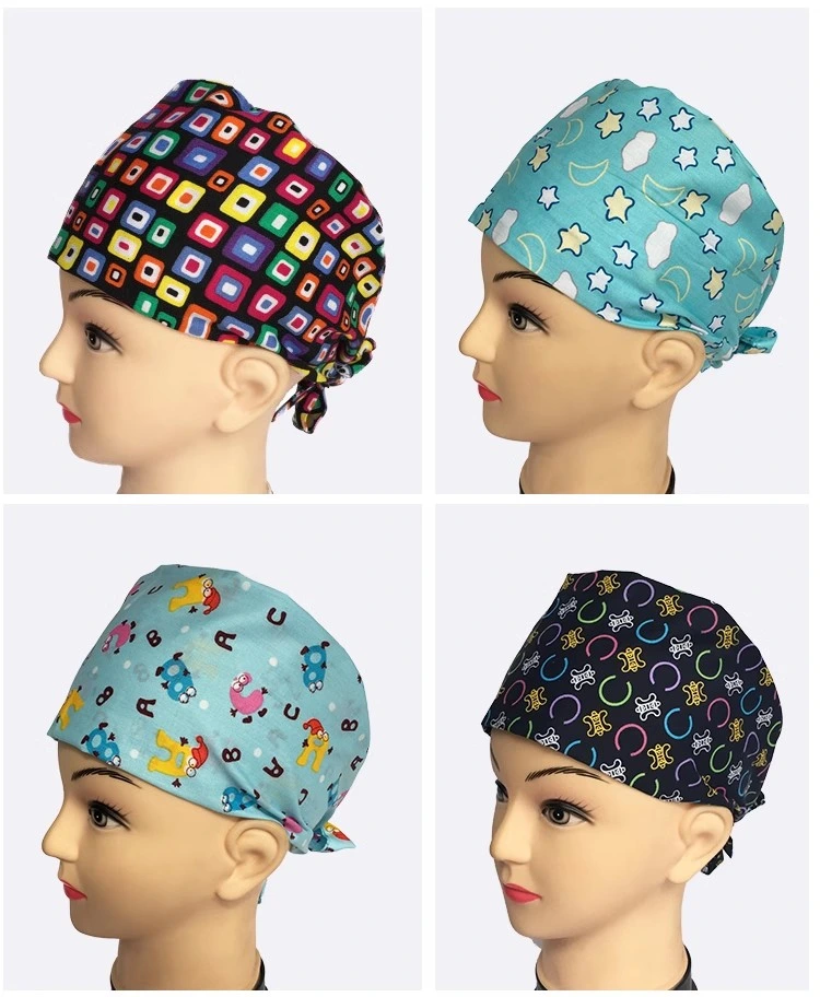 Turban Printed Adjustable Hair Cover Unisex Doctor Scrub Hat Lined Hat with Button for Beauty Worker Personal