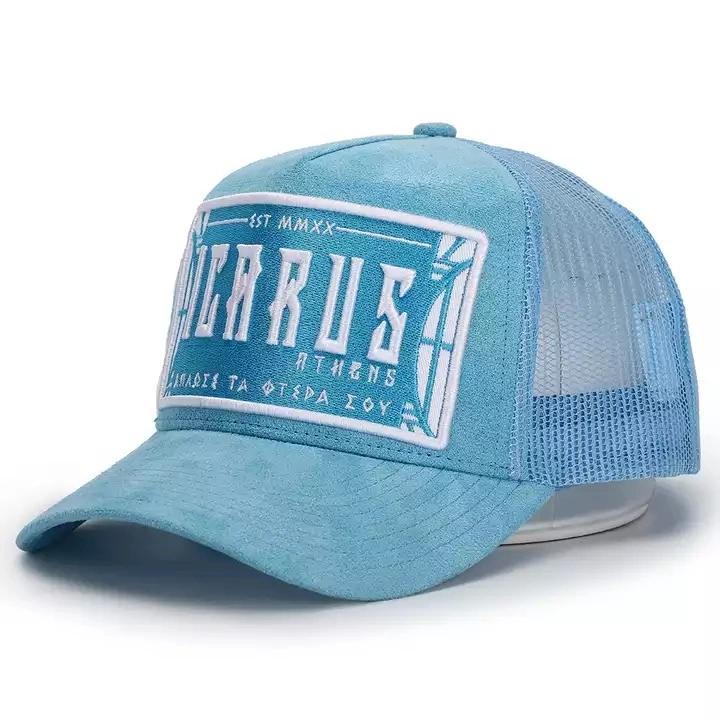 OEM Custom Fashion 5 Panel High Quality Plain Blue Curved Brim 3D Embroidery Logo Mesh Snap Back Suede Gorras Trucker Hat Caps