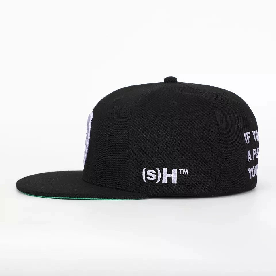 Dephens06 Wholesale Custom Sports Wear 6 Panel Black Acrylic Closed Back Flex Fit Caps Fitted Elastic 3D Embroidery Logo Printed Underbrim Hip Hop Snapback Cap