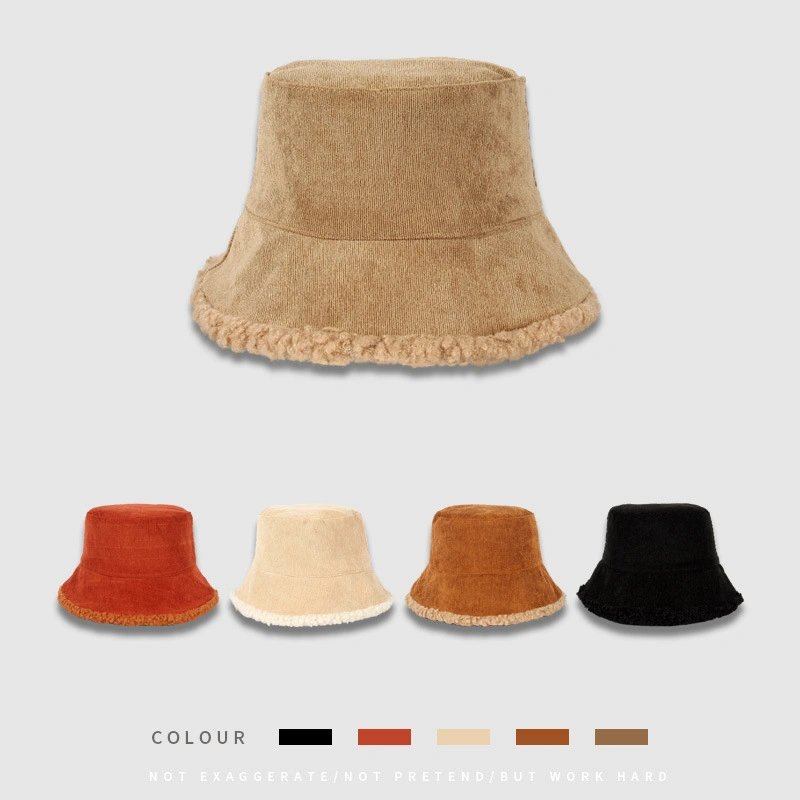 Winter Women Trendy Corduroy Material Bucket Hats Fur Chamois Bucket Hat Bling Chamois Diamond Fur Hats for Women