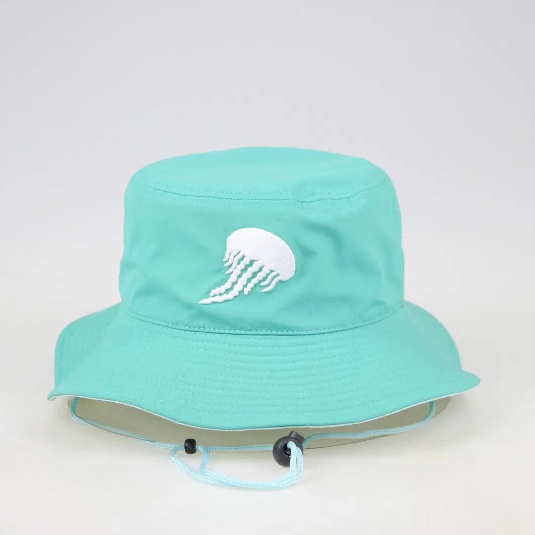 OEM Custom Patch Logo Quick Dry Taslon Waterproof Bucket Hat with String, Fashion Mens Women Fisherman Wide Brim Rope Safari Bucket Cap