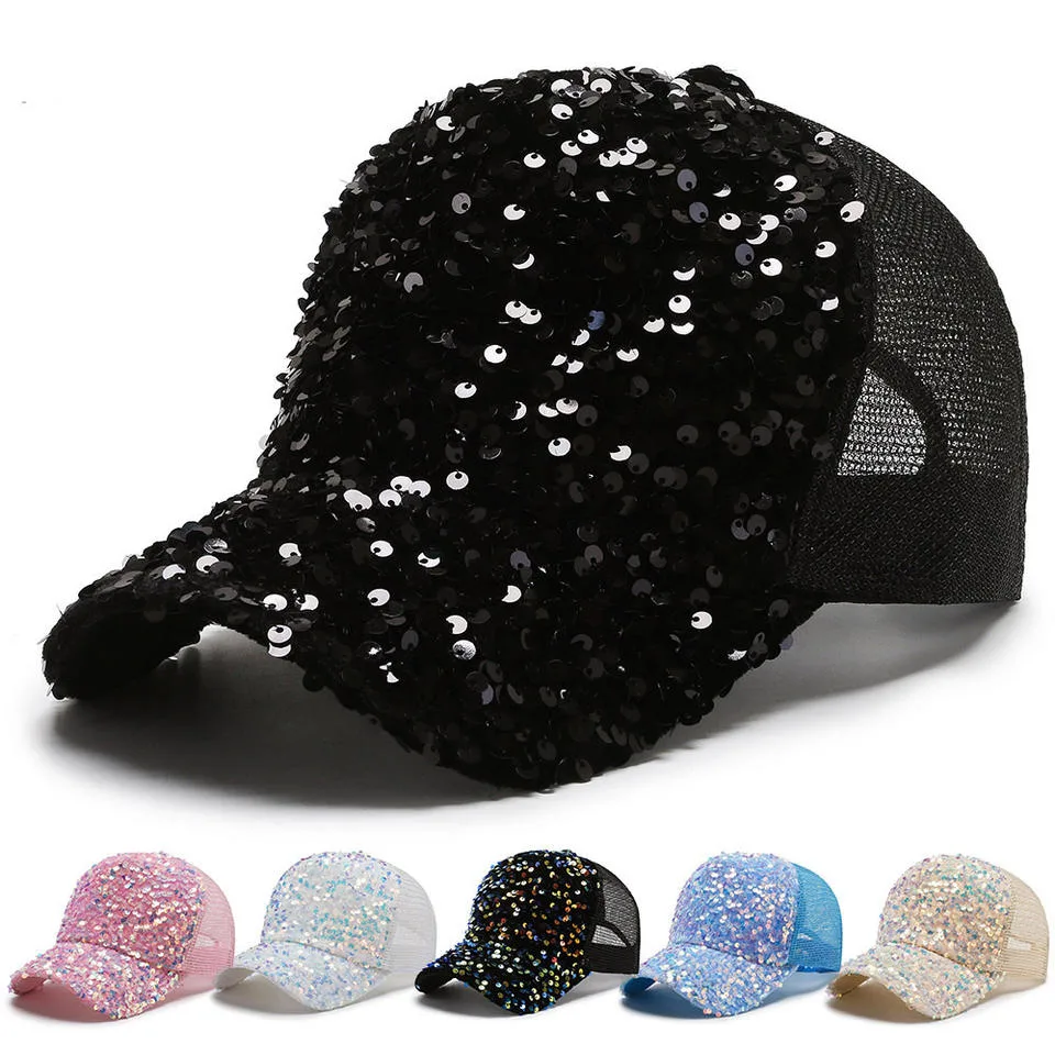 Sequin Fashion Hat Black Bling Snapback Closure Baseball Cap Sequin Cap for Lady