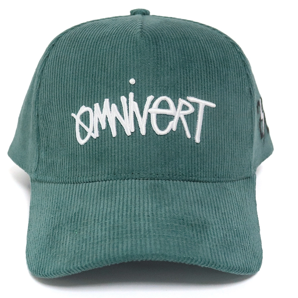 New Design Green Corduroy Snap Back Plastic Closure 5 Panel Custom Baseball Cap with Embroidery Logo