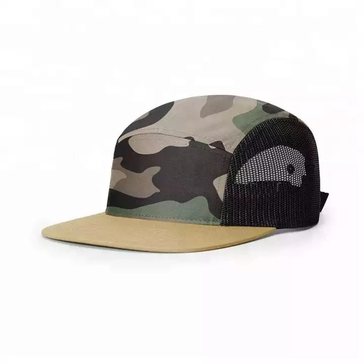 Wholesale Custom Design Your Own Logo High Quality Blank 5 Panel Flat Brim Mesh Side Snapback Camp Cap Running Hat