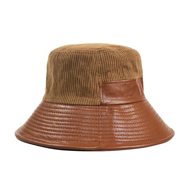 Corduroy PU Leather Stitched Bucket Hat