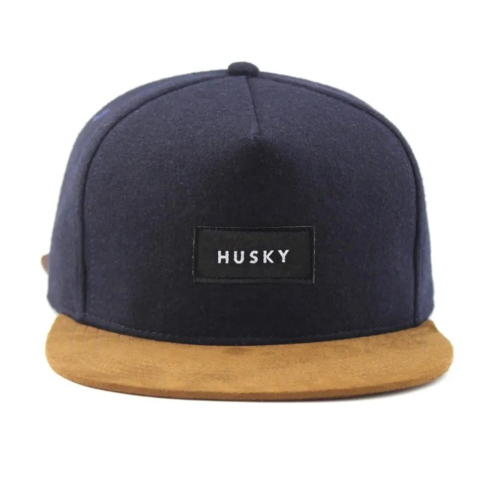 Wholesale OEM Wool Material Suede Brim Baseball Cap Private Woven Label Leather Closure Men 5 Panels High Profile Cotton Men Snapback Caps Footy Players Hats