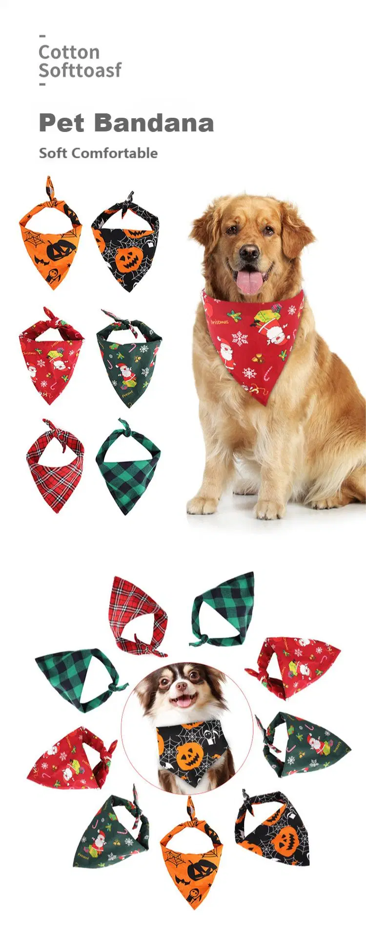 Lovely Colorful Cute Custom Cotton Christmas Halloween Adjustable Triangle Pet Bandana Pet Scarf