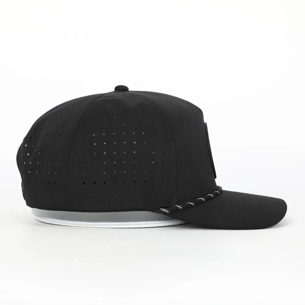 OEM Custom PVC Patch Logo 5 Panel Rope Golf Baseball Cap Laser Cut Hole Perforated Gorras Black Polyester Spandex Dad Hat