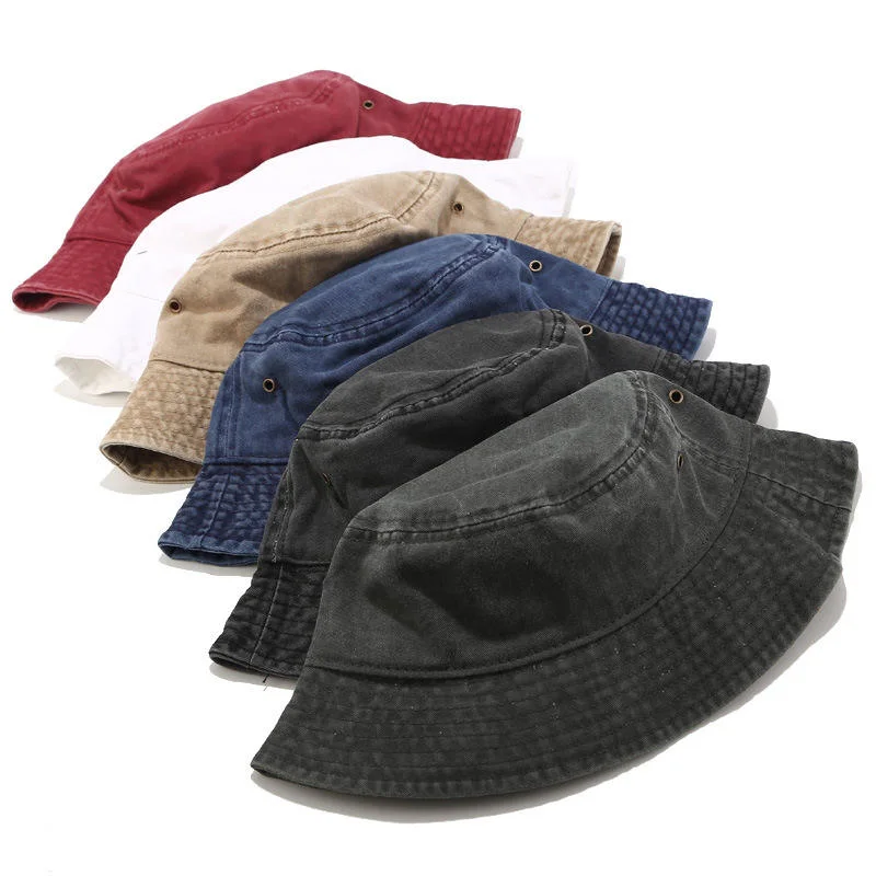 Wholesale Blank Black White Plain Bleached Distressed Washed Cotton Denim Foldable Outdoor Fishing Bucket Hats