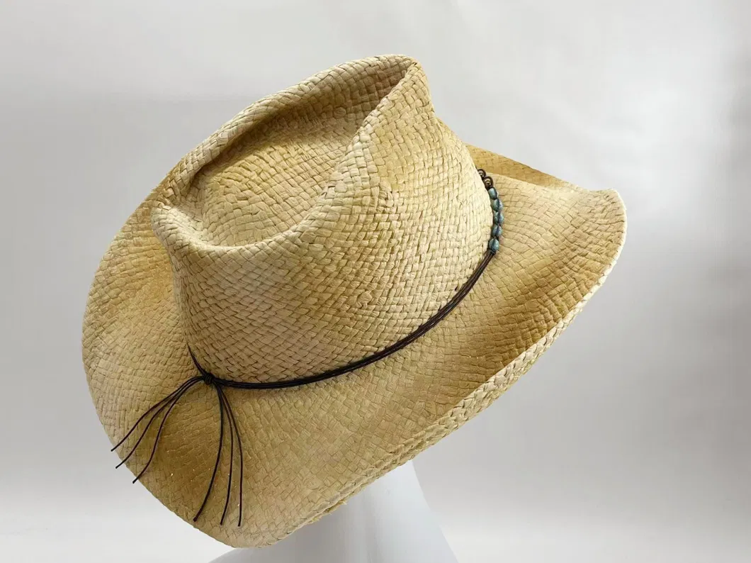 Paper Straw Hat Cowboy Adult Man Summer Sunshade Hat Paint Color with Decoration Strings