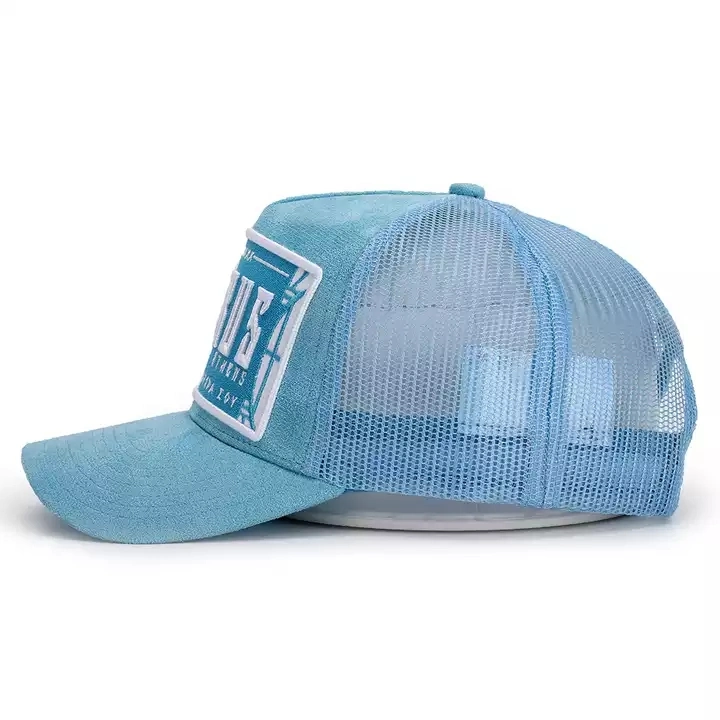 OEM Custom Fashion 5 Panel High Quality Plain Blue Curved Brim 3D Embroidery Logo Mesh Snap Back Suede Gorras Trucker Hat Caps