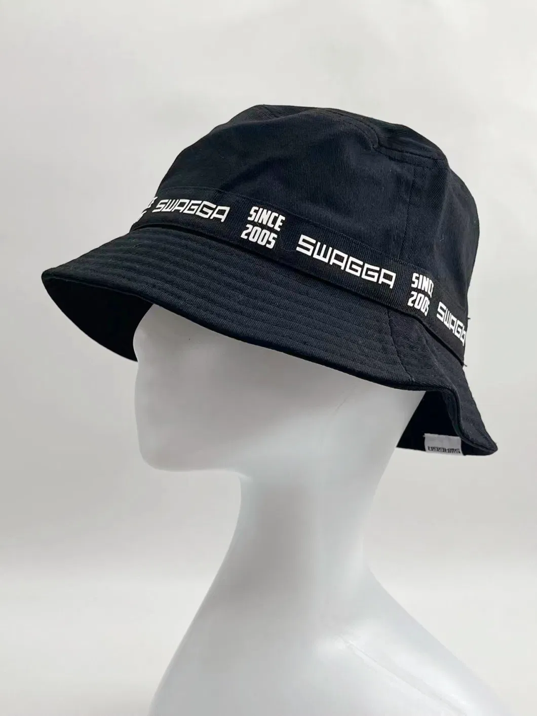 Simple Black Child Bucket Hat with Print Ribbon and Decoration Button