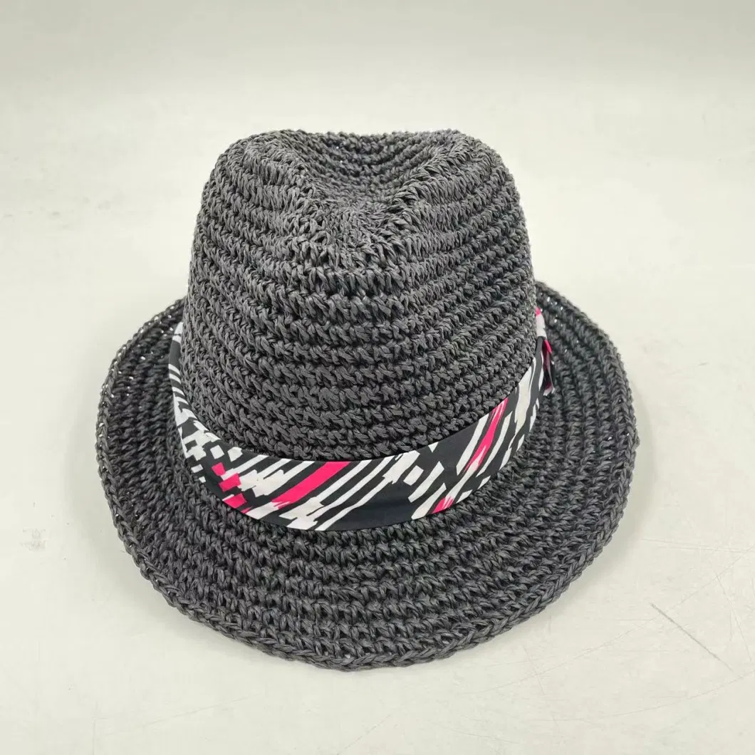 Hand Made Crochet FSC Paper Straw Packable Soft Fedora Hat