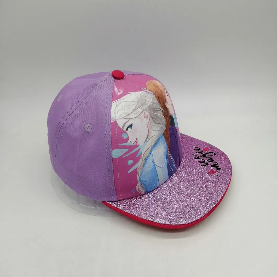 5 Panel Baseball Glitter Flat Bill Custom Printing Girls&prime; Cotton Polyester Snapback Cap with Adjustable Plastic Closure