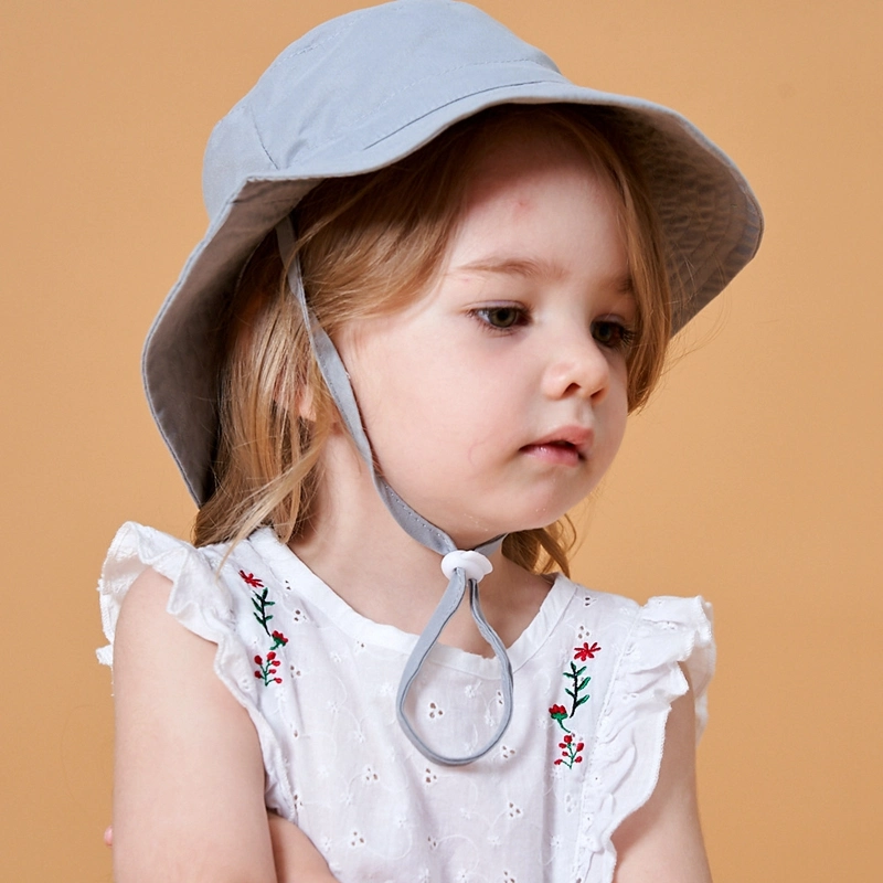 Custom New Design Adjustable Size Colorful Baby Toddler Sun Hat Plain Polyester Cotton Children Kids Bucket Hat with String