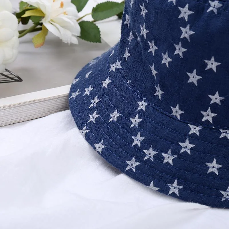 Wholesale Sunhat Custom Promotional 100% Cotton Fashion Packable Summer Sun Protective Travel Bucket Hat Fisherman Simple White Star Bucket Sun Hat